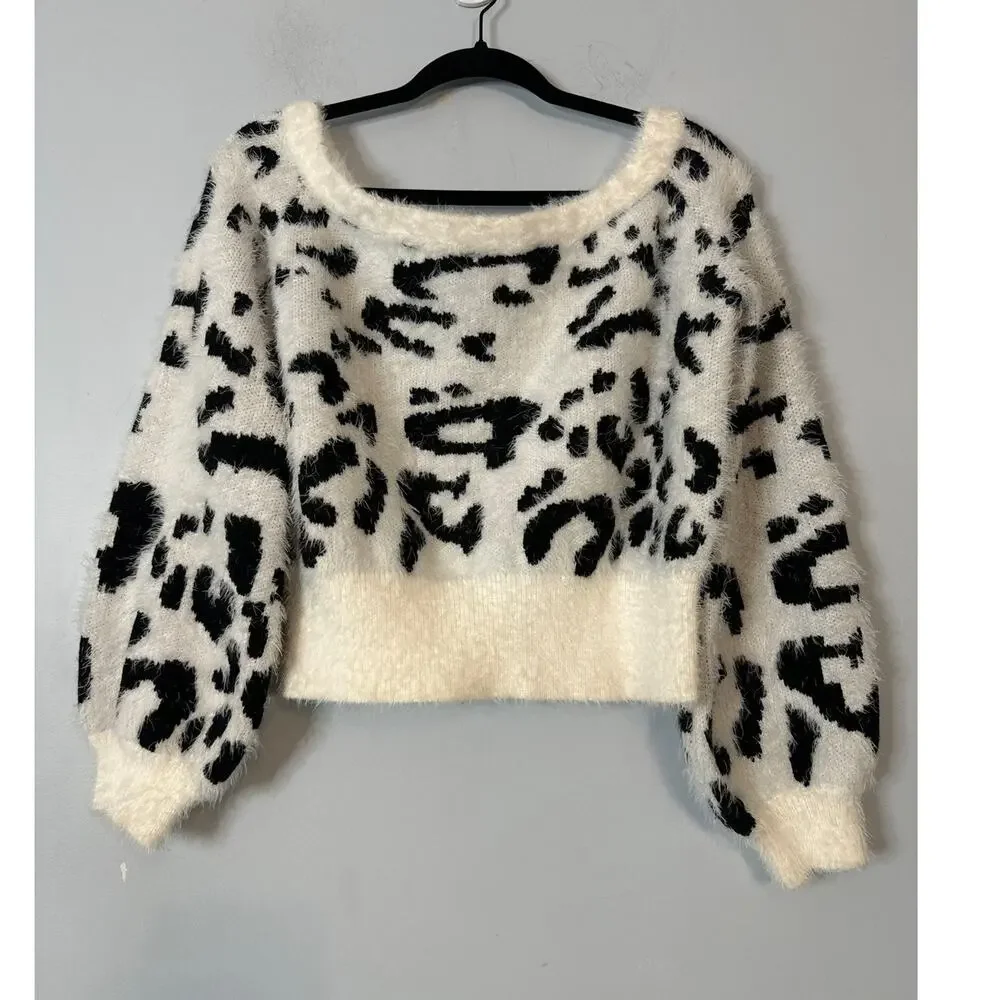 Blue Blush Leopard Print Crop Sweater - White Black - Small